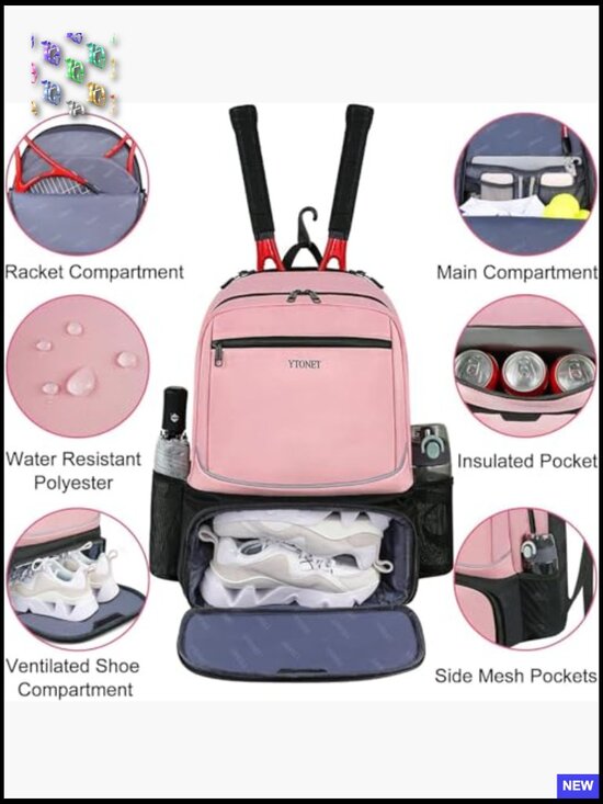Tennis Backpack 2 Rackets Insulated Pocket Ventilated Shoe Compartment Water main image 3